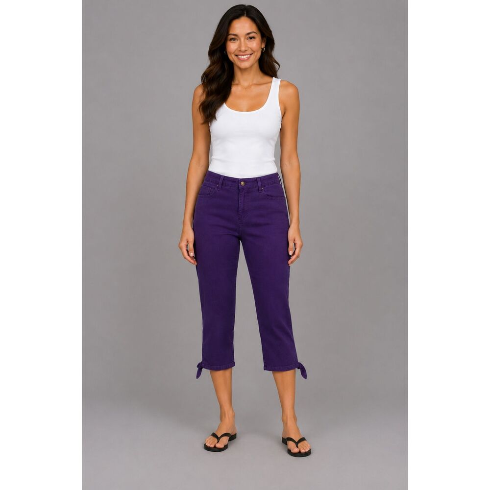 Chico's Perfect Stretch Girlfriend Slim Leg Capri Size 0 Purple Plum Bow Hem